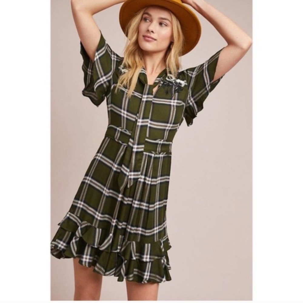 Anthropologie Ranna Gill Olive Green Plaid Dress Sz S